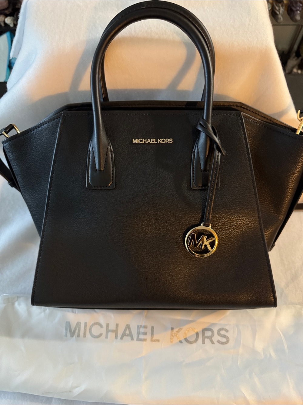 Michael Kors Black Leather Satchel with Gold MK Charm - Picture 1 of 5